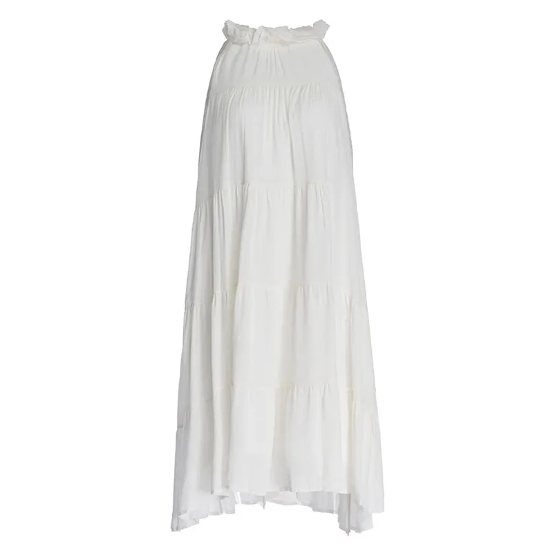 French Resort Style Sleeveless Off-shoulder Cake Dress White Bow Halter Neck Dress